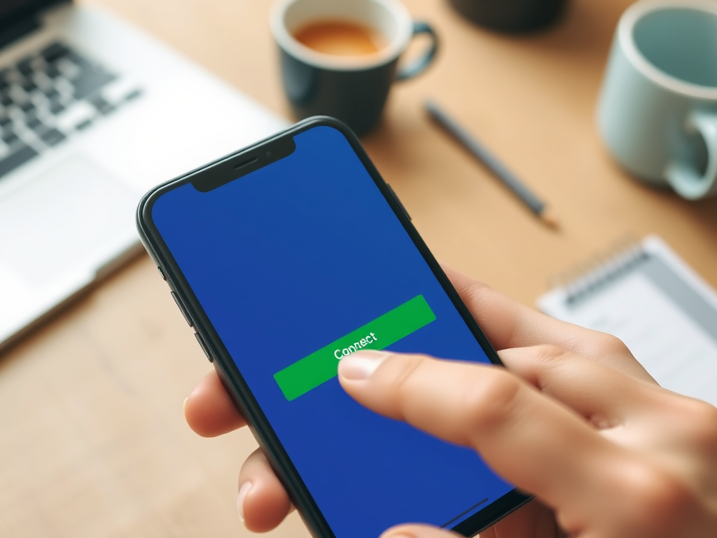 На экране смартфона зеленая кнопка "Подключиться", в фоновом режиме виден ноутбук и чашки кофе.